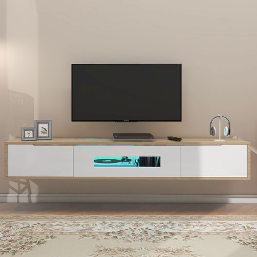 Meuble TV En LED Bois 180 Cm - 3 Portes - Support Télévision - Blanc Et Chêne
