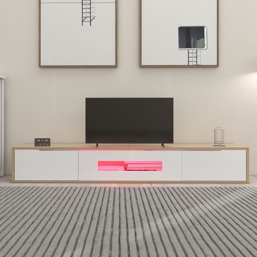 Meuble TV En LED Bois 180 Cm - 3 Portes - Support Télévision - Blanc Et Chêne
