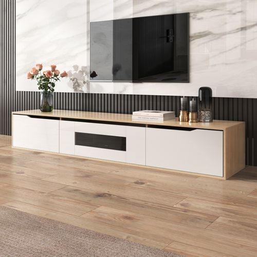 Meuble TV En LED Bois 180 Cm - 3 Portes - Support Télévision - Blanc Et Chêne