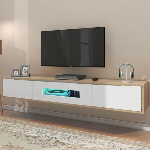 Meuble TV En LED Bois 180 Cm - 3 Portes - Support Télévision - Blanc Et Chêne