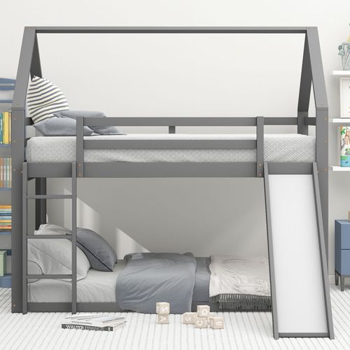 Lit Mezzanine Avec Toboggan Cabane 90 X 200 Cm Gris