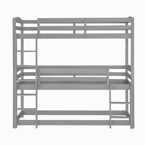Lit Superposé Triple Transformable 3x90x200 Cm  Avec Échelle Et Barrière Gris