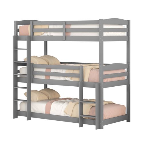 Lit Superposé Triple Transformable 3x90x200 Cm  Avec Échelle Et Barrière Gris