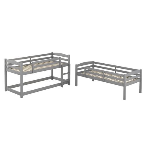 Lit Superposé Triple Transformable 3x90x200 Cm  Avec Échelle Et Barrière Gris