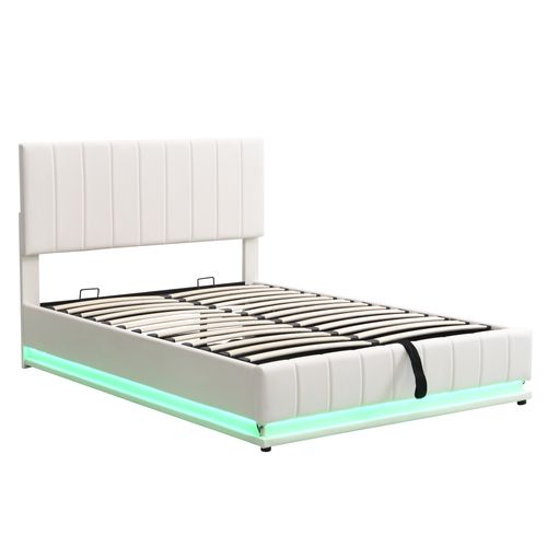Lit Coffre LED 140 X 200 Cm Pu Beige Avec Ajustable Tête De Lit Et Sommier