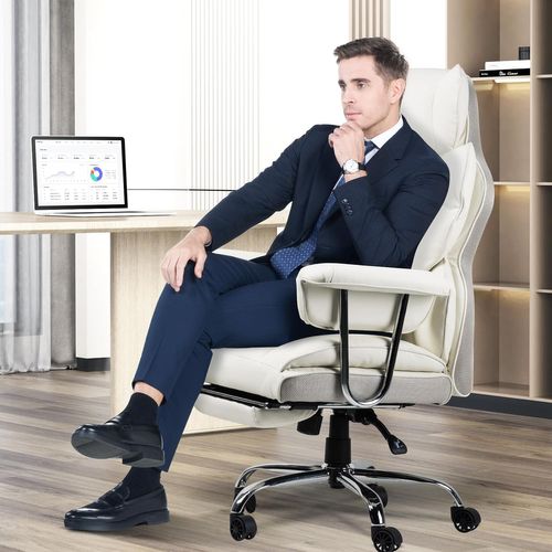 Chaise De Bureau Ergonomique Haute Dossier En Cuir Pivotante Avec Repose-pieds-blanc