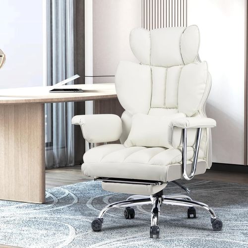 Chaise De Bureau Ergonomique Haute Dossier En Cuir Pivotante Avec Repose-pieds-blanc