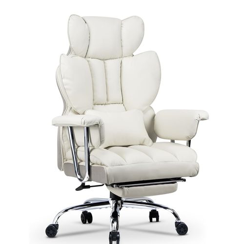 Chaise De Bureau Ergonomique Haute Dossier En Cuir Pivotante Avec Repose-pieds-blanc