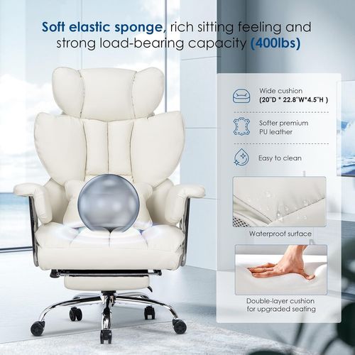 Chaise De Bureau Ergonomique Haute Dossier En Cuir Pivotante Avec Repose-pieds-blanc