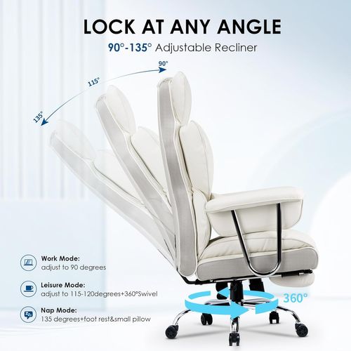 Chaise De Bureau Ergonomique Haute Dossier En Cuir Pivotante Avec Repose-pieds-blanc