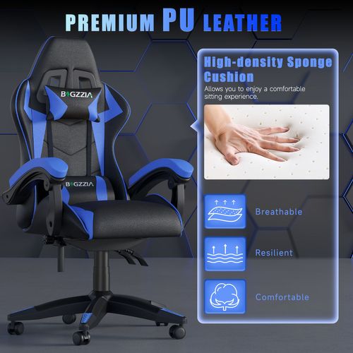 Fauteuil Gaming Ergonomique Réglable Avec Coussin Lombaire Et Appui-tête - Noir Et Bleu