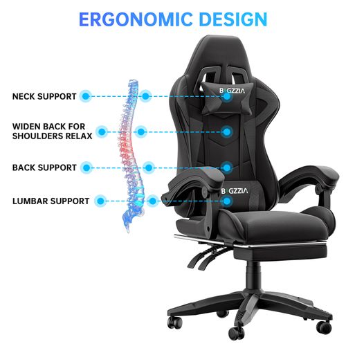 Fauteuil Gaming Ergonomique Avec Repose-pieds, Coussin Lombaire, Appui-tête, Réglable - Noir