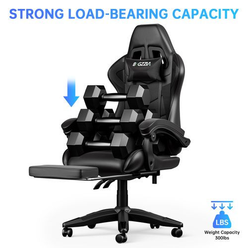 Fauteuil Gaming Ergonomique Avec Repose-pieds, Coussin Lombaire, Appui-tête, Réglable - Noir