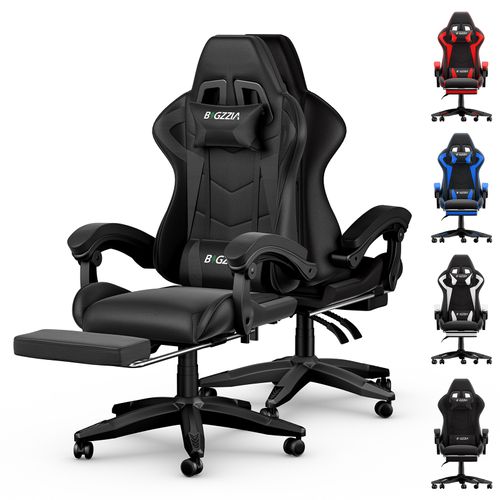 Fauteuil Gaming Ergonomique Avec Repose-pieds, Coussin Lombaire, Appui-tête, Réglable - Noir