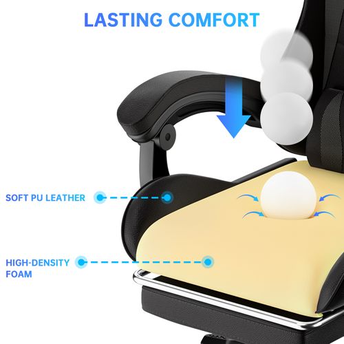 Fauteuil Gaming Ergonomique Avec Repose-pieds, Coussin Lombaire, Appui-tête, Réglable - Noir