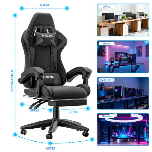 Fauteuil Gaming Ergonomique Avec Repose-pieds, Coussin Lombaire, Appui-tête, Réglable - Noir