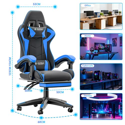 Fauteuil Gaming Ergonomique Avec Repose-pieds, Coussin Lombaire, Appui-tête, Réglable - Noir Et Bleu