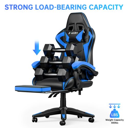 Fauteuil Gaming Ergonomique Avec Repose-pieds, Coussin Lombaire, Appui-tête, Réglable - Noir Et Bleu