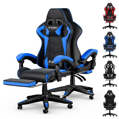 Fauteuil Gaming Ergonomique Avec Repose-pieds, Coussin Lombaire, Appui-tête, Réglable - Noir Et Bleu