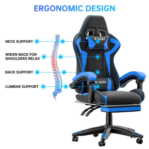 Fauteuil Gaming Ergonomique Avec Repose-pieds, Coussin Lombaire, Appui-tête, Réglable - Noir Et Bleu