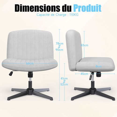 Chaise De Bureau Pivotante En Velours, Sans Accoudoirs, Hauteur Réglable - Gris