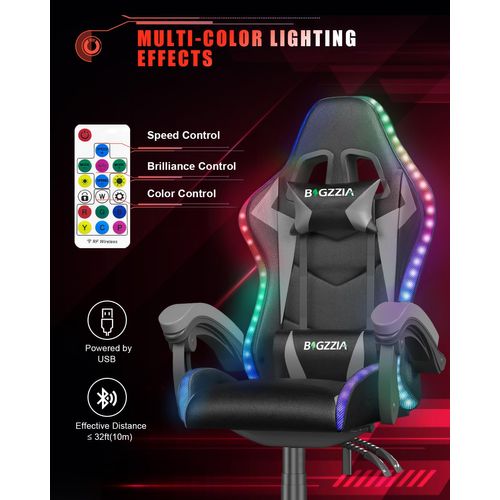 Fauteuil Gaming Ergonomique LED, Dossier Réglable, Support Lombaire Et Appui-tête - Noir Et Gris
