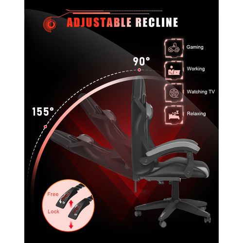 Fauteuil Gaming Ergonomique LED, Dossier Réglable, Support Lombaire Et Appui-tête - Noir Et Gris