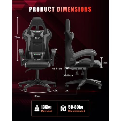 Fauteuil Gaming Ergonomique LED, Dossier Réglable, Support Lombaire Et Appui-tête - Noir Et Gris