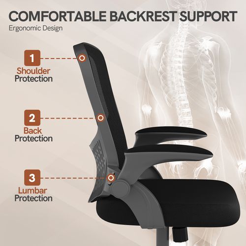 Chaise De Bureau Avec Accoudoirs Pliables, Réglable En Hauteur, Dossier Respirant - Noir
