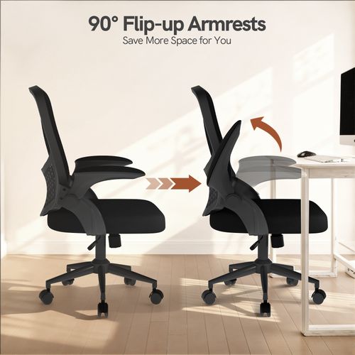 Chaise De Bureau Avec Accoudoirs Pliables, Réglable En Hauteur, Dossier Respirant - Noir