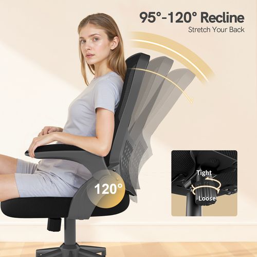 Chaise De Bureau Avec Accoudoirs Pliables, Réglable En Hauteur, Dossier Respirant - Noir
