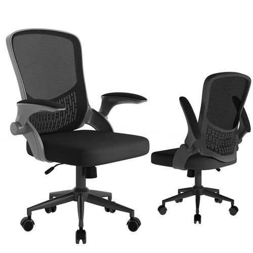 Chaise De Bureau Avec Accoudoirs Pliables, Réglable En Hauteur, Dossier Respirant - Noir