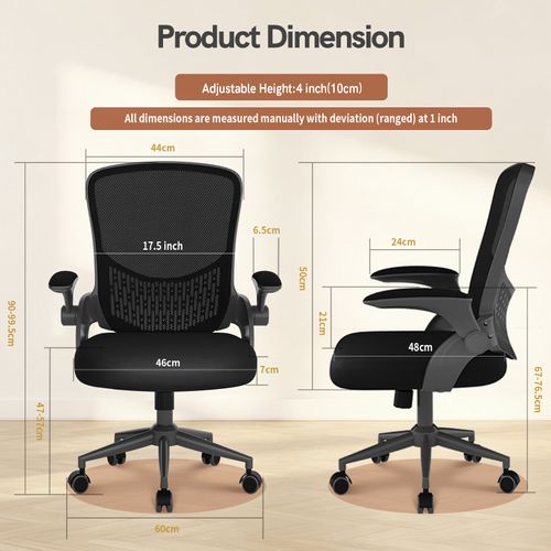 Chaise De Bureau Avec Accoudoirs Pliables, Réglable En Hauteur, Dossier Respirant - Noir