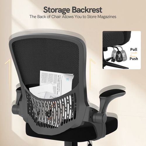 Chaise De Bureau Avec Accoudoirs Pliables, Réglable En Hauteur, Dossier Respirant - Noir