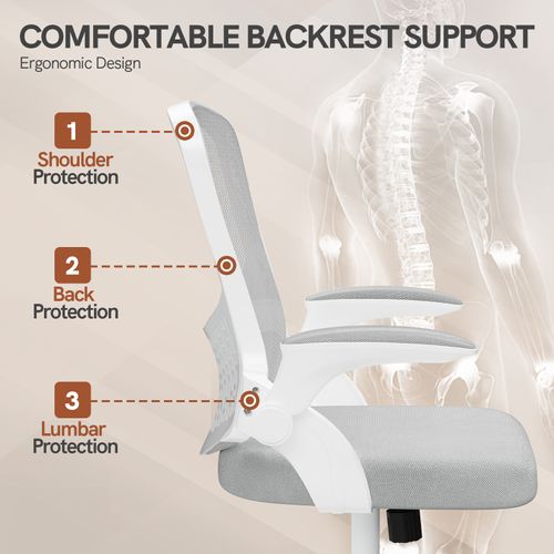 Chaise De Bureau Avec Accoudoirs Pliables, Réglable En Hauteur, Dossier Respirant - Gris