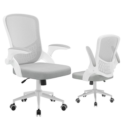 Chaise De Bureau Avec Accoudoirs Pliables, Réglable En Hauteur, Dossier Respirant - Gris