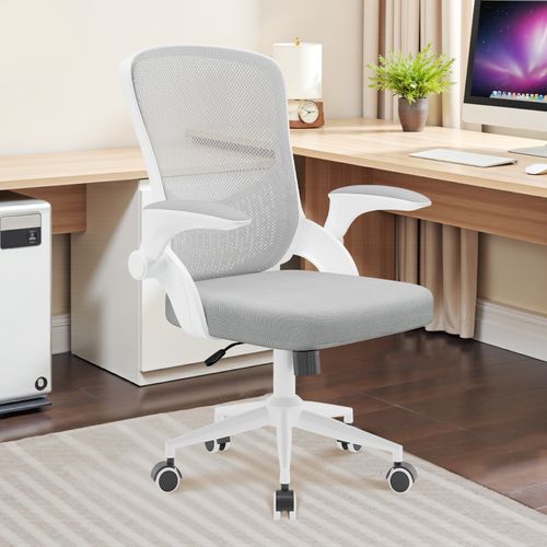 Chaise De Bureau Avec Accoudoirs Pliables, Réglable En Hauteur, Dossier Respirant - Gris