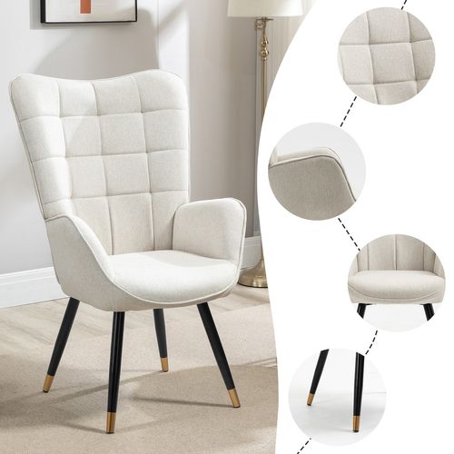 Fauteuil Relax Fauteuil De Bureau Style Scandinave En Tissu Beige Avec Pieds En Métal Noir Et Or