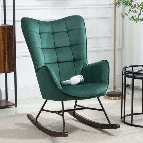 Fauteuil À Bascule Rocking Chair Chaise Loisir Et Repos En Velours Avec Pieds En E' Bois, Vert