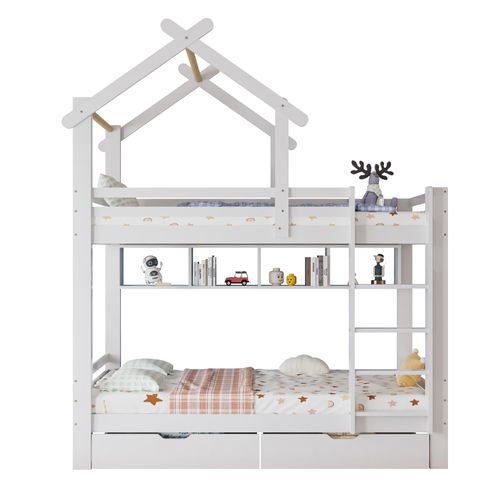 Lit Superposé 90x200cm, Lit Cabane Avec Échelle à Droit, Anti-chute, Barrière Protection Blanc