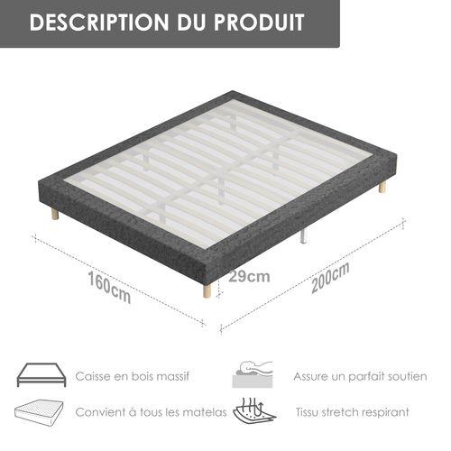 Sommier à Lattes 160x200 Cm, 9 Pieds, 2x14 Lattes, Gris Foncé