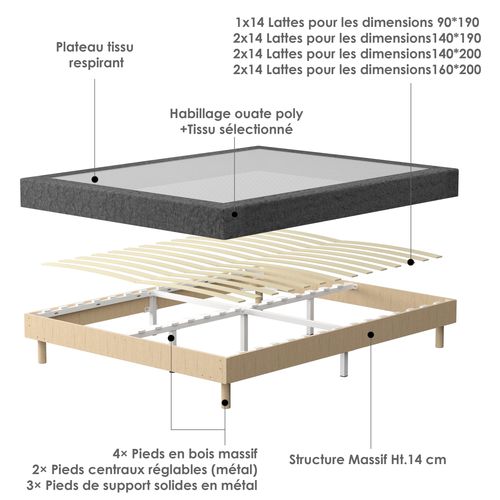 Sommier à Lattes 160x200 Cm, 9 Pieds, 2x14 Lattes, Gris Foncé