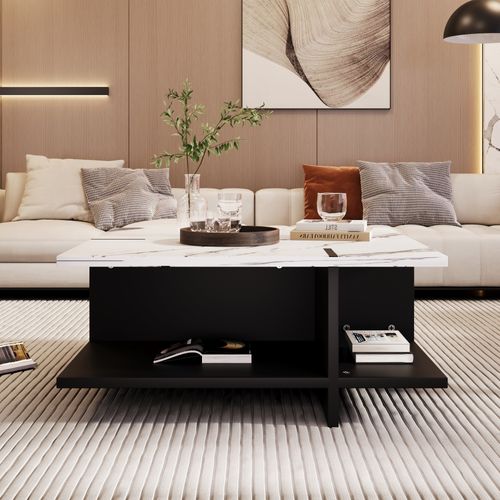 Table Basse Carrée Effet Marbre Blanc 72*72*32cm Xoral