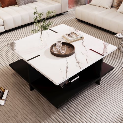 Table Basse Carrée Effet Marbre Blanc 72*72*32cm Xoral