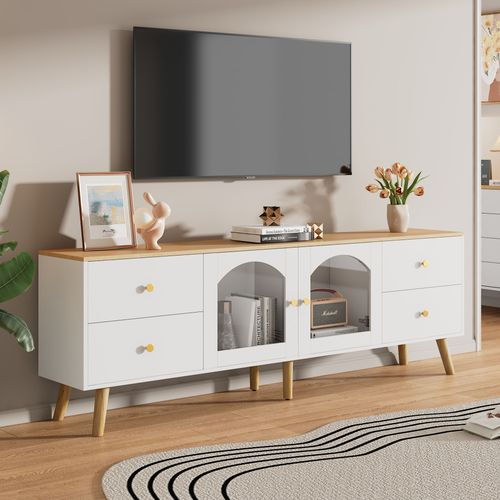 Meuble TV Effect Bois Et Blanc Portes Latérales En Verre Trempé Eldo