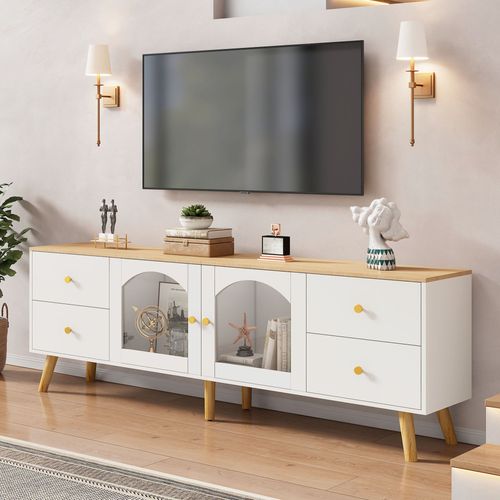 Meuble TV Effect Bois Et Blanc Portes Latérales En Verre Trempé Eldo