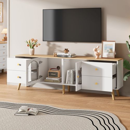 Meuble TV Effect Bois Et Blanc Portes Latérales En Verre Trempé Eldo