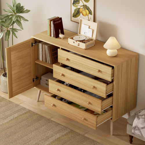 Buffet Effet Bois 4 Tiroirs 1 Porte En Rotin 120*40*83cm Thraczets