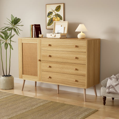 Buffet Effet Bois 4 Tiroirs 1 Porte En Rotin 120*40*83cm Thraczets