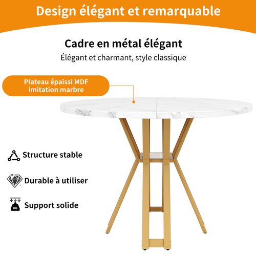 Table à Manger Ronde 4 Personnes 100cm Table De Cuisine Mdf Moderne 4 Pieds Soutien Doré